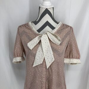 Jason Wu Pink White Polka Dot Short Sleeve Tie Neck Shirt Snap Blouse Medium